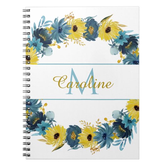 Blue Gold Autumn Floral Wreator Monogram Notitieboek (Voorkant)