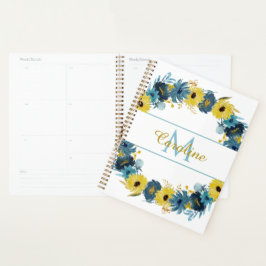 Blue Gold Autumn Floral Wreator Monogram Planner