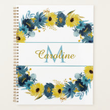 Blue Gold Autumn Floral Wreator Monogram