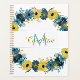 Blue Gold Autumn Floral Wreator Monogram Planner