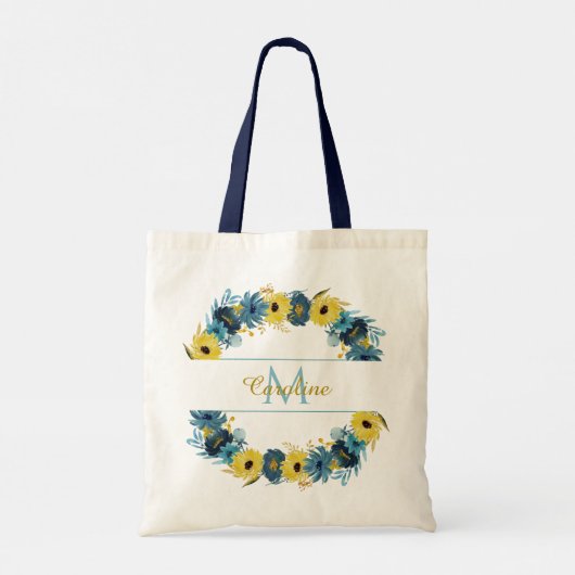 Blue Gold Autumn Flowers Wreatmonogram Tote Bag (Achterkant)