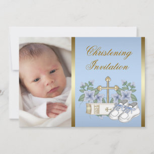 Blue Gold Baby Boy Foto Christening Uitnodigingen