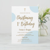 Blue Gold Baby Christening en 1st Birthday joint Kaart (Staand voorkant)