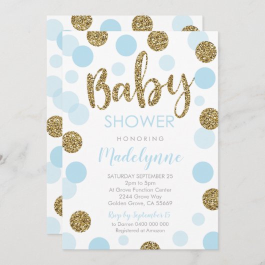 Blue Gold Baby shower uitnodiging Confetti Baby Bo (Voorkant / Achterkant)