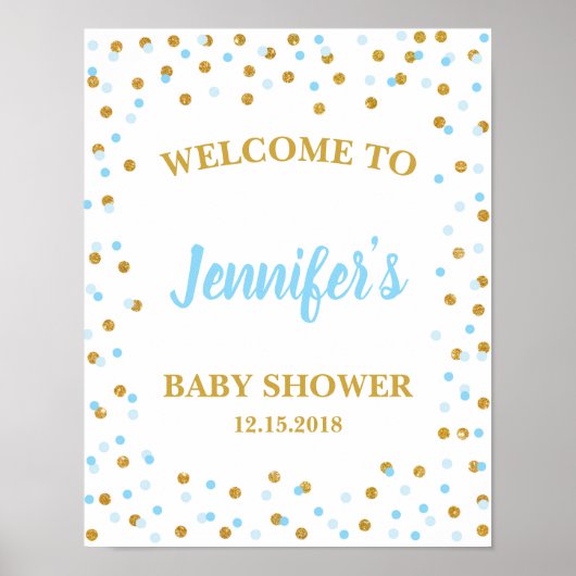 Blue & Gold Baby shower Welcome Sign Aangepast Poster (Voorkant)