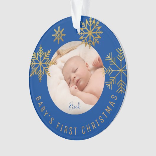 Blue Gold Babys First Kerstcadeautje Ornament (voorkant)
