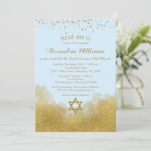 Blue Gold Bat Mitzvah Uitnodiging (Staand voorkant)