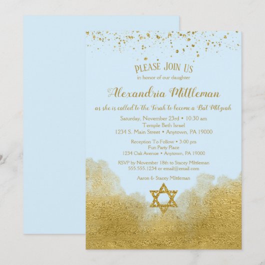 Blue Gold Bat Mitzvah Uitnodiging (Voorkant / Achterkant)