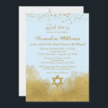 Blue Gold Bat Mitzvah Uitnodiging<br><div class="desc">Een elegante blauwe en gouden Bat Mitzvah-uitnodiging met goudglitter confetti bovenaan en goudglazen onderaan met een gouden glitter Star van David.</div>