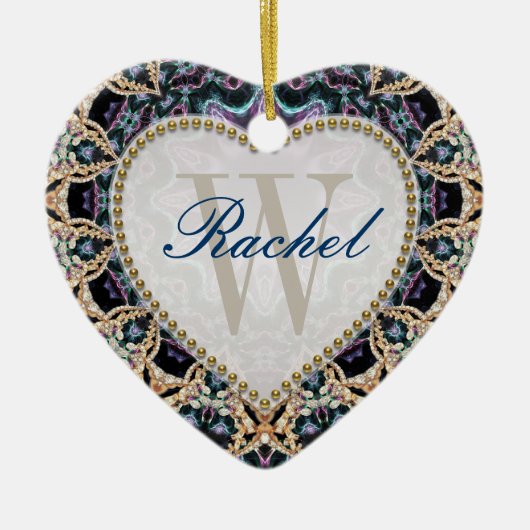 Blue Gold Batik Monogram Love Heart Ornament (Voorkant)