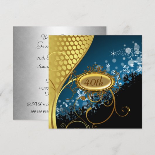 Blue Gold Birthday-uitnodiging Kaart (Voorkant / Achterkant)