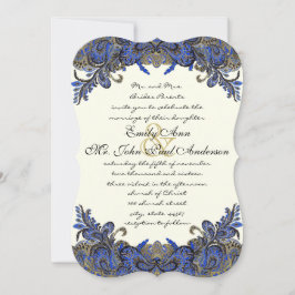 Blue Gold & Black Peacock Ivory Wedding Invitation Kaart