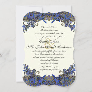 Blue Gold & Black Peacock Ivory Wedding Invitation Kaart