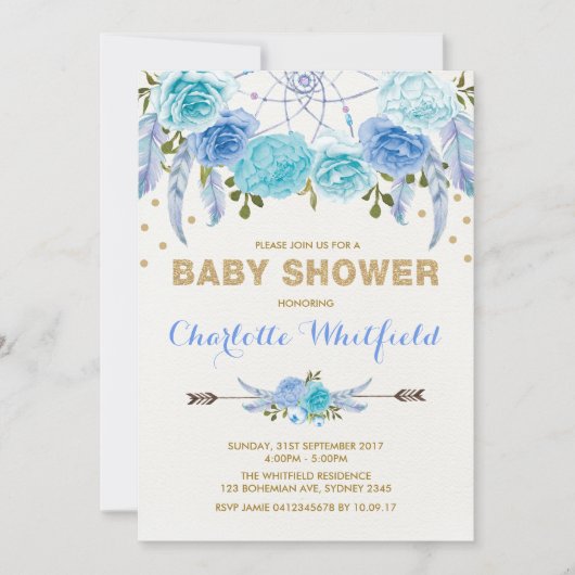 Blue Gold Boho Flower Dreamweaver Baby shower Kaart (Voorkant)