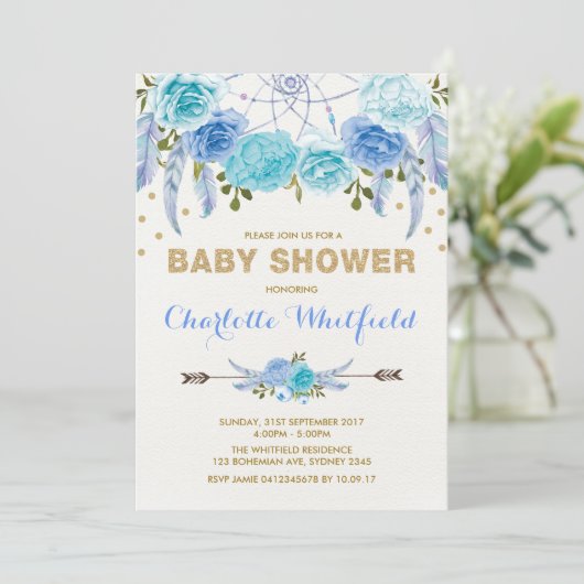 Blue Gold Boho Flower Dreamweaver Baby shower Kaart (Staand voorkant)