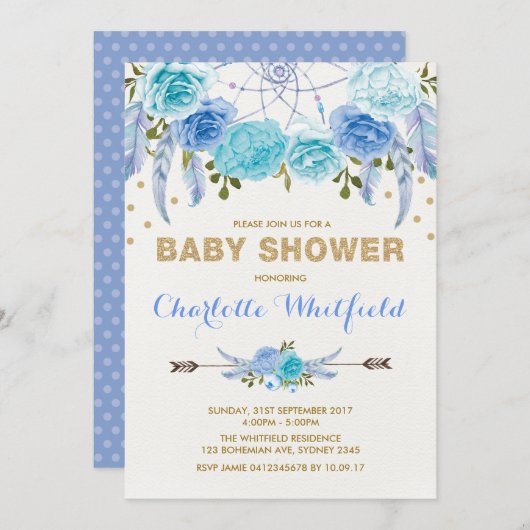 Blue Gold Boho Flower Dreamweaver Baby shower Kaart (Voorkant / Achterkant)