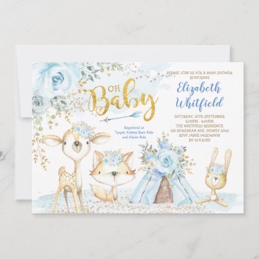 Blue Gold Boho Woodland Forest Boy Baby shower Kaart (Voorkant)
