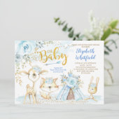 Blue Gold Boho Woodland Forest Boy Baby shower Kaart (Staand voorkant)