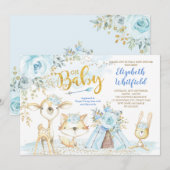 Blue Gold Boho Woodland Forest Boy Baby shower Kaart (Voorkant / Achterkant)