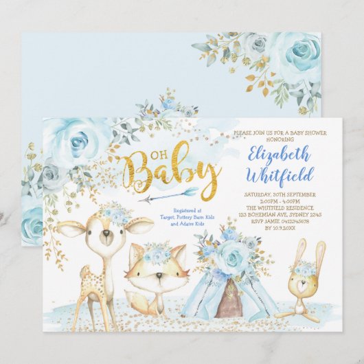Blue Gold Boho Woodland Forest Boy Baby shower Kaart (Voorkant / Achterkant)