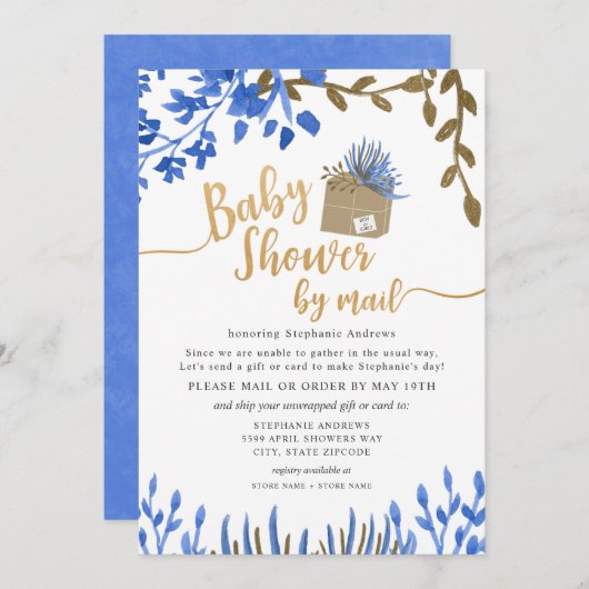 Blue Gold Botanical neutraal Baby shower per post Kaart (Voorkant / Achterkant)