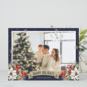 Blue Gold Botanical Snowflake Photo Holiday Feestdagenkaart (Staand voorkant)