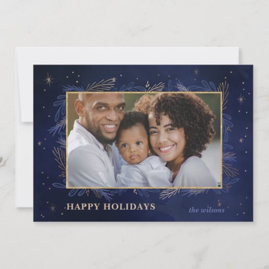 Blue Gold Botanical Sparkle Photo Holiday Card Feestdagenkaart (Voorkant)