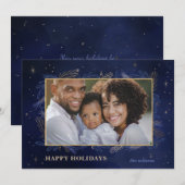 Blue Gold Botanical Sparkle Photo Holiday Card Feestdagenkaart (Voorkant / Achterkant)