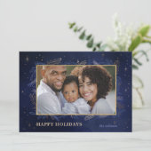 Blue Gold Botanical Sparkle Photo Holiday Card Feestdagenkaart (Staand voorkant)