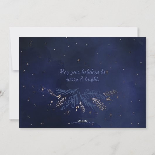 Blue Gold Botanical Sparkle Photo Holiday Card Feestdagenkaart (Achterkant)
