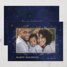 Blue Gold Botanical Sparkle Photo Holiday Card Feestdagenkaart