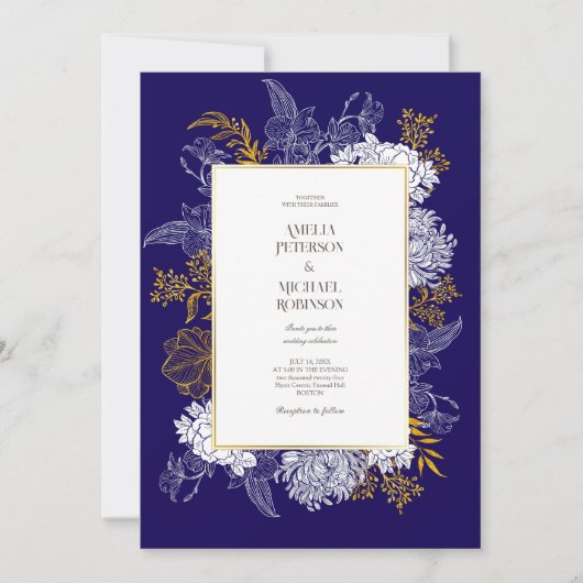 Blue Gold Botany Graphic Wedding Uitnodiging (Voorkant)