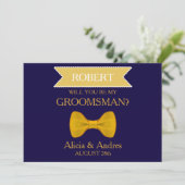 Blue & Gold Bow Word jij mijn Groomsman? Kaart (Staand voorkant)