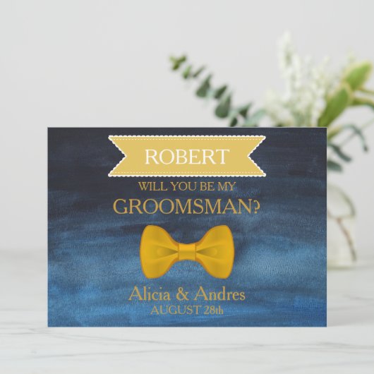 Blue & Gold Bow Word jij mijn Groomsman? Kaart (Staand voorkant)