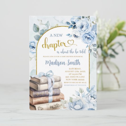 Blue Gold Boy Storybook Thema Baby shower Kaart (Staand voorkant)