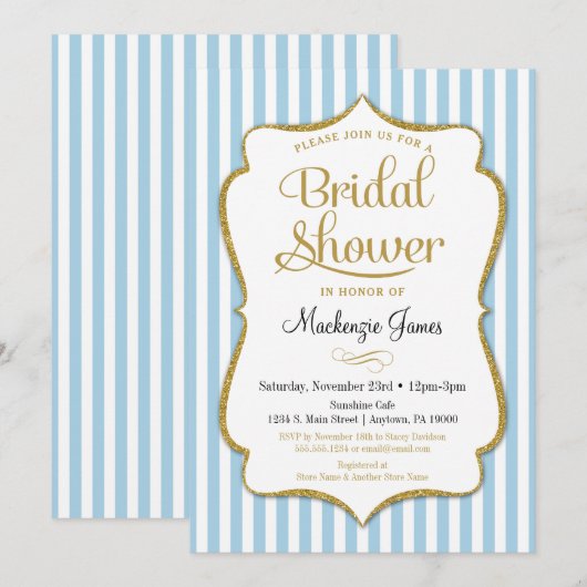 Blue Gold Bridal Shower Invitation Pastel Blue Kaart (Voorkant / Achterkant)