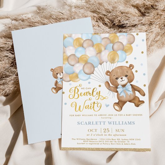 Blue Gold Brown Teddy Bear Boy Baby shower Kaart