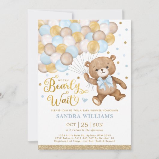 Blue Gold Brown Teddy Bear Boy Baby shower Kaart (Voorkant)