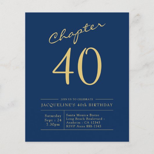 Blue Gold Budget 40th Birthday Invitation Flyer (Voorkant)