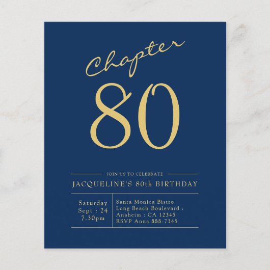 Blue Gold Budget 80th Birthday Invitation Flyer (Voorkant)
