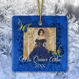 Blue, Gold Butterflies Quinceanera Foto Keramisch Ornament