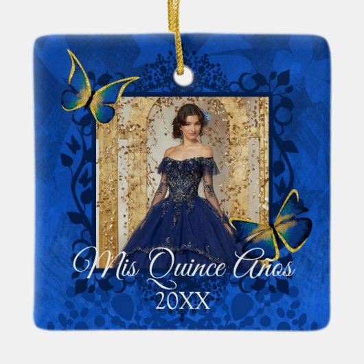 Blue, Gold Butterflies Quinceanera Foto Keramisch Ornament (Voorkant)