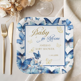 Blue Gold Butterfly Baby in Bloom Shower Papieren Bordje
