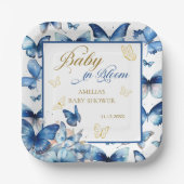 Blue Gold Butterfly Baby in Bloom Shower Papieren Bordje (Voorkant)