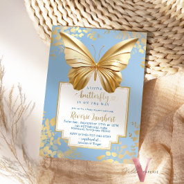 Blue Gold Butterfly Baby shower Kaart