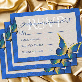 Blue, Gold Butterfly Quinceañera RSVP-kaart Advieskaart