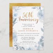 Blue Gold Calligraphy 50th Wedding Jubileum Kaart (Voorkant / Achterkant)