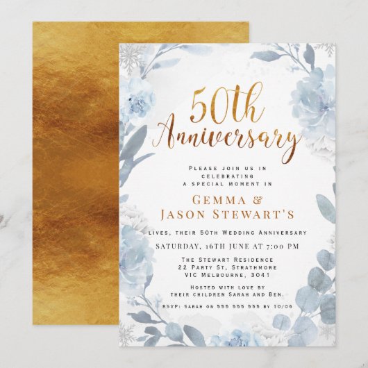 Blue Gold Calligraphy 50th Wedding Jubileum Kaart (Voorkant / Achterkant)