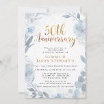 Blue Gold Calligraphy 50th Wedding Jubileum Kaart<br><div class="desc">Winter Blue Gold Calligraphy 50th Wedding Jubileum Invitation Sweet gold and green 50th bruiloft trouwdag nodigde uit met een faux goudkalligrafie op de kop en op de rug en een grijze blauwe winterflorale maag. Dit ontwerp is ideaal voor iemand die op zoek is naar een grove uitnodiging voor een 50e...</div>