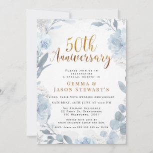 Blue Gold Calligraphy 50th Wedding Jubileum Kaart